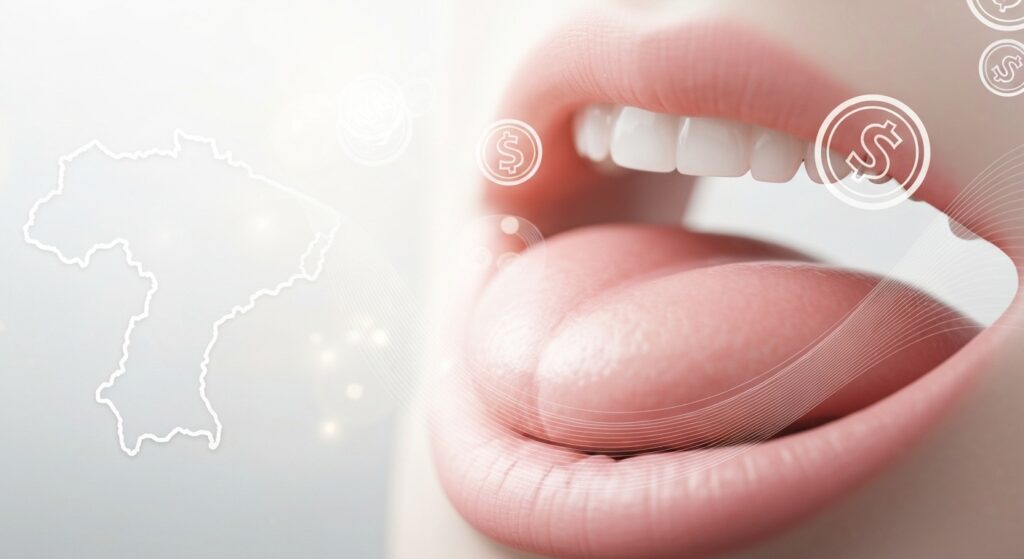 Representação visual de planejamento financeiro e saúde oral, com elementos de custo e um mapa sutil de Sergipe, ilustrando o preço da frenectomia em Sergipe e suas variáveis.