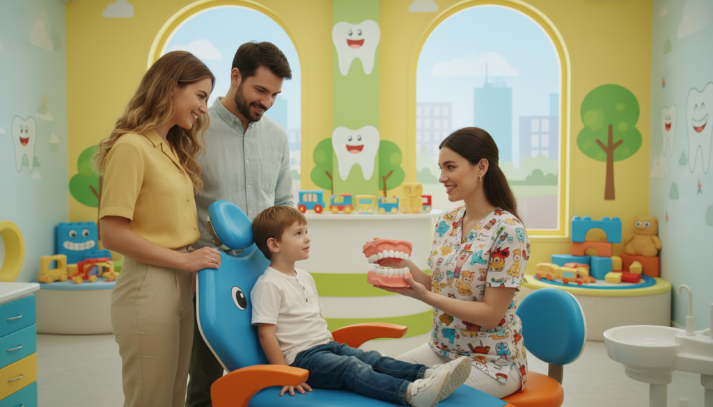 Odontopediatra explicando o preparo para extração de sisos a uma criança e seus pais.