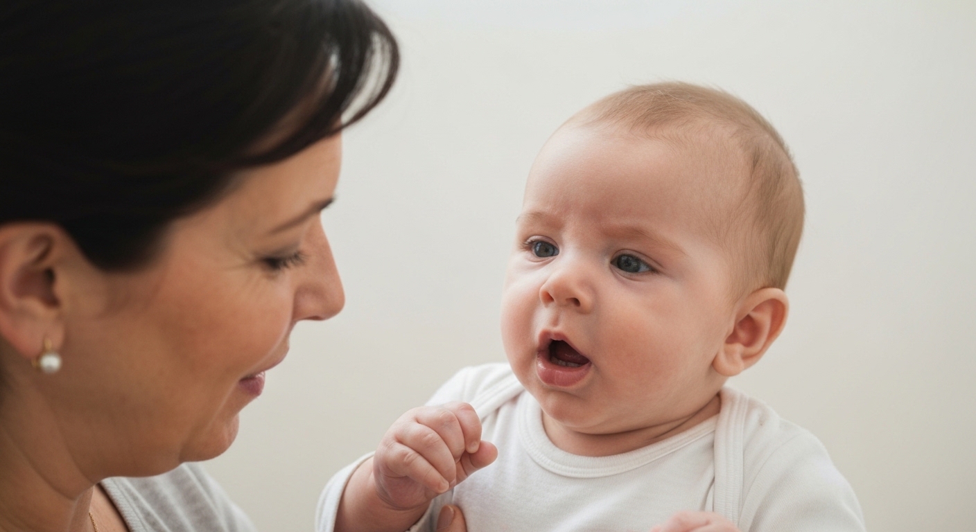 Mão gentil de um adulto tocando a bochecha de um bebê sorridente, simbolizando o cuidado e a prevenção de problemas com freio lingual na infância.