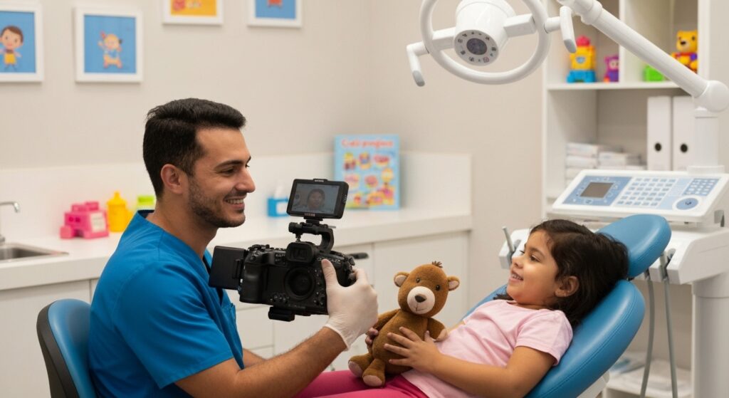 Criança sorrindo em consulta odontológica focada em prevenção