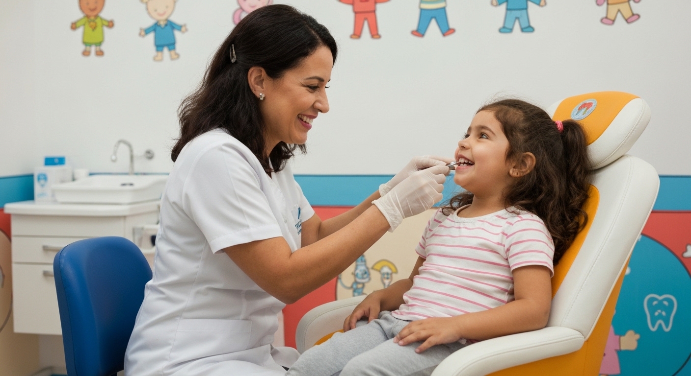 Odontopediatra cuidando da saúde bucal de uma criança