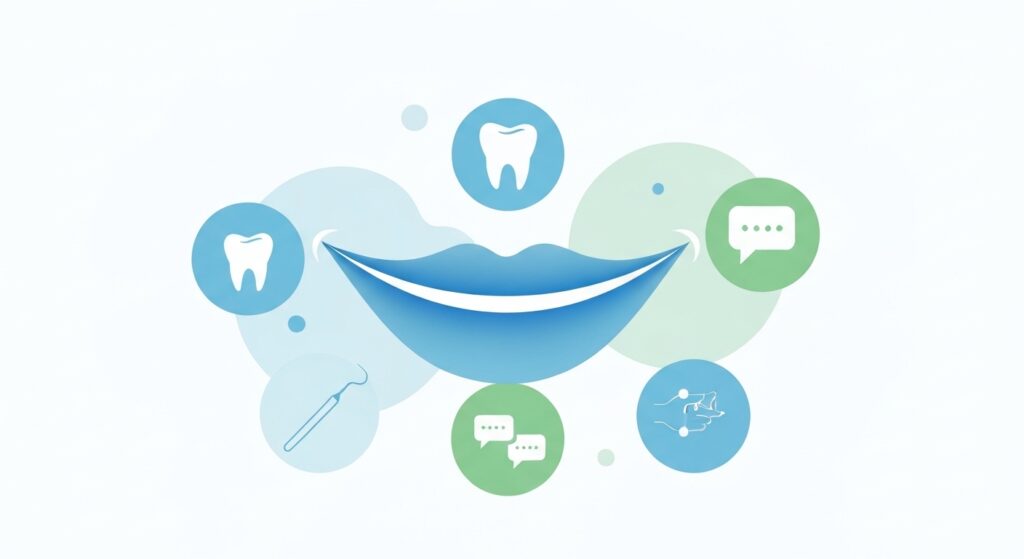 Ilustração moderna e limpa de ferramentas e símbolos de saúde bucal, representando a precisão e cuidado dos especialistas. Descubra quais profissionais fazem frenectomia em Sergipe.