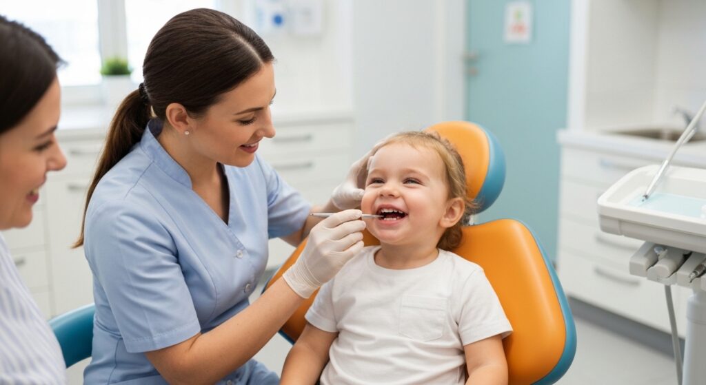 Odontopediatra sorrindo e examinando gentilmente os dentes de uma criança feliz, ilustrando o momento ideal de quando levar a criança ao odontopediatra pela primeira vez.
