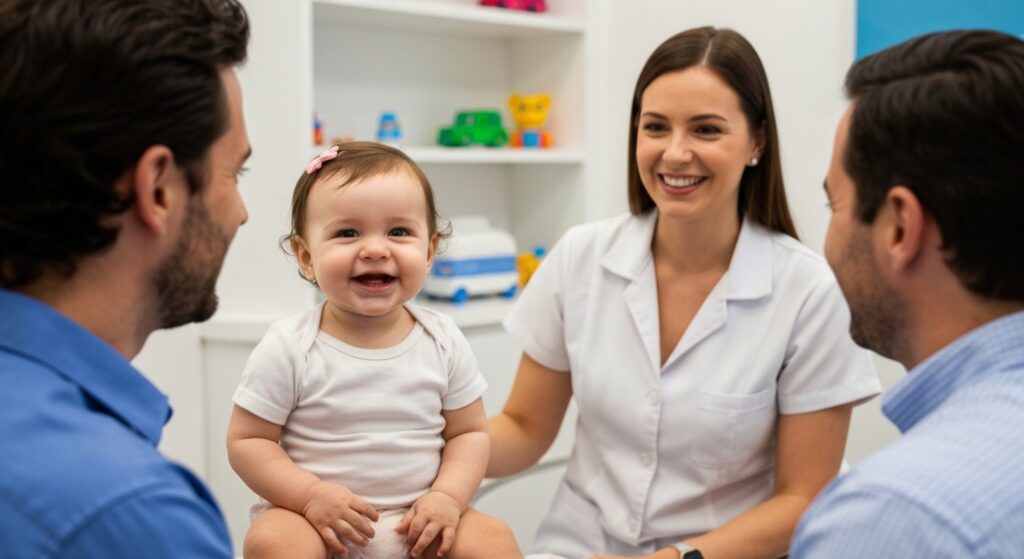 Criança feliz com os pais em um consultório odontológico acolhedor, representando o guia sobre quando levar a criança ao odontopediatra pela primeira vez.