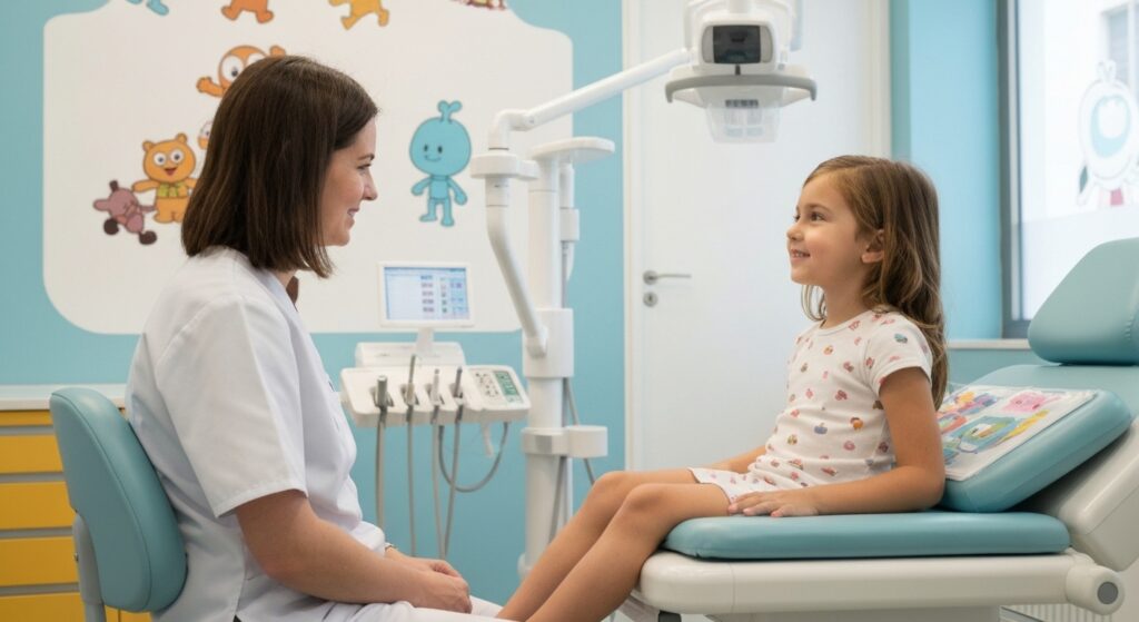 Dentista atendendo criança em clínica de urgência odontológica infantil.
