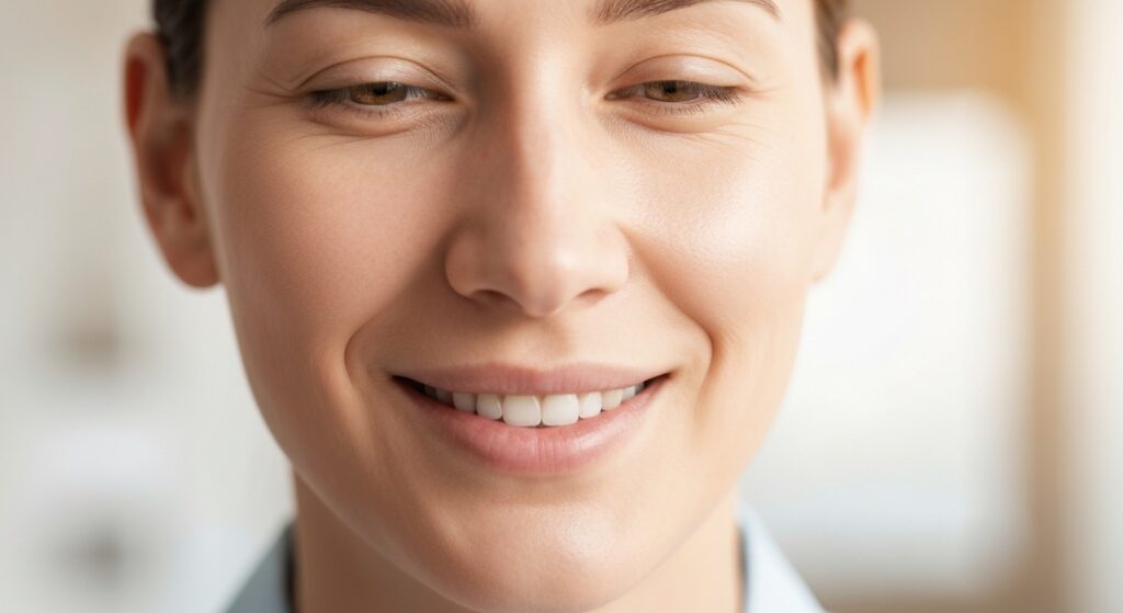 Rosto adulto sereno com sorriso discreto, simbolizando a bem-sucedida e tranquila recuperação da frenectomia em adultos.