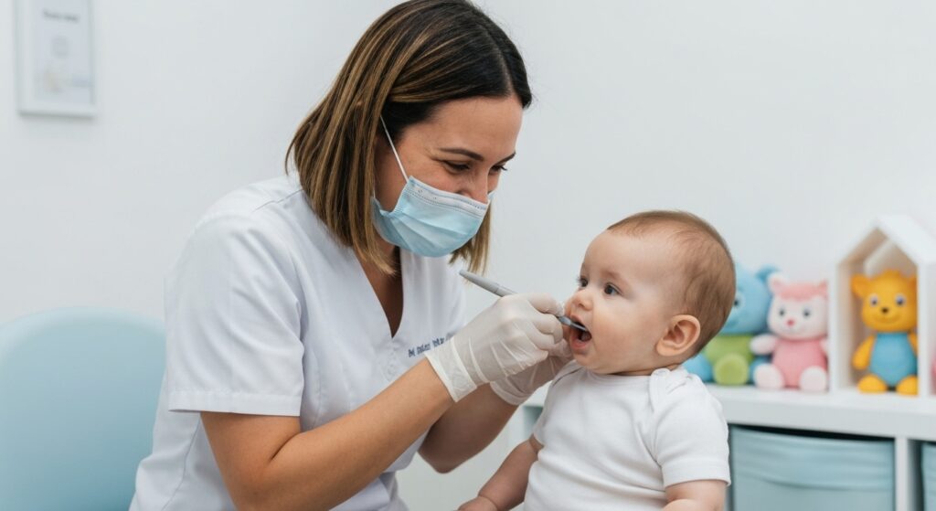 Odontopediatra examinando a boca de um bebê para verificar a saúde do esmalte dentário