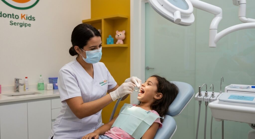 Dentista cuidando da saúde bucal de uma criança na Odonto Kids Sergipe