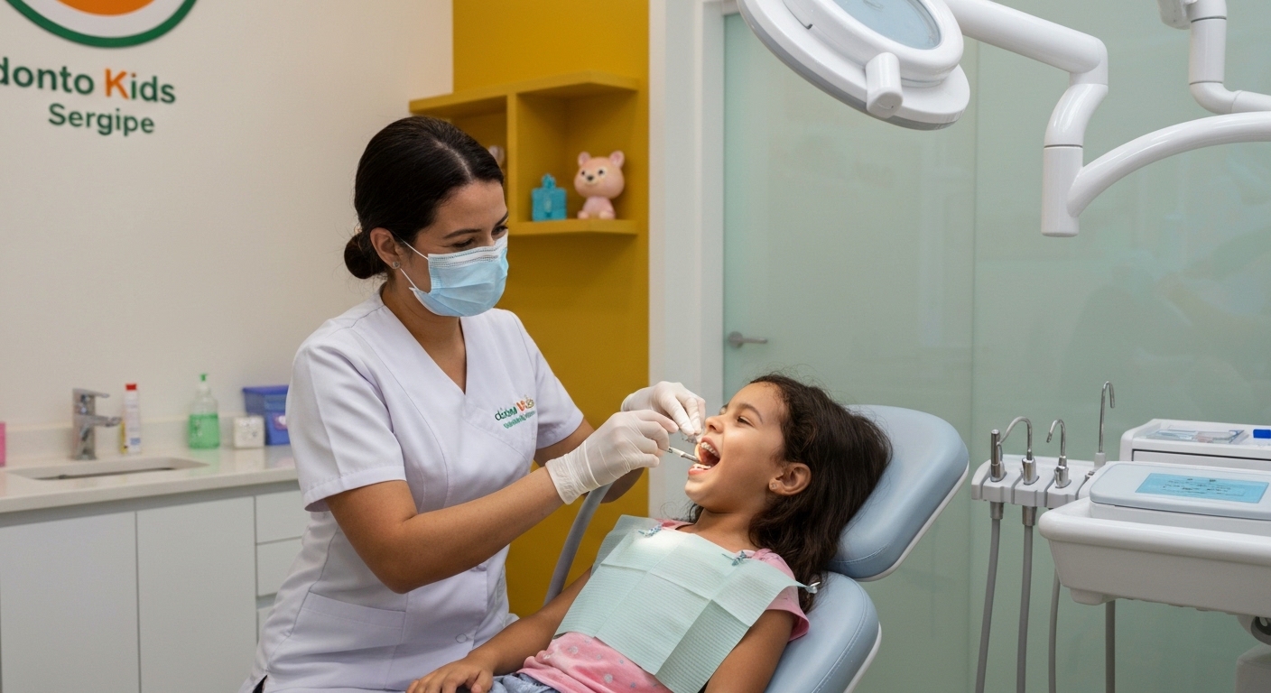 Dentista cuidando da saúde bucal de uma criança na Odonto Kids Sergipe