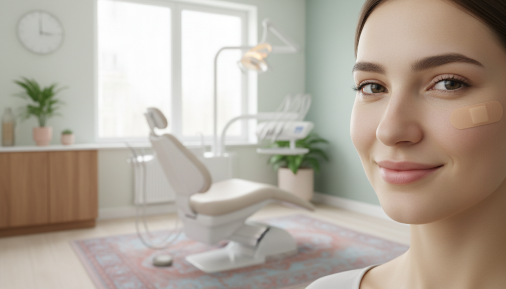 Paciente sorrindo após extração de sisos, demonstrando recuperação tranquila