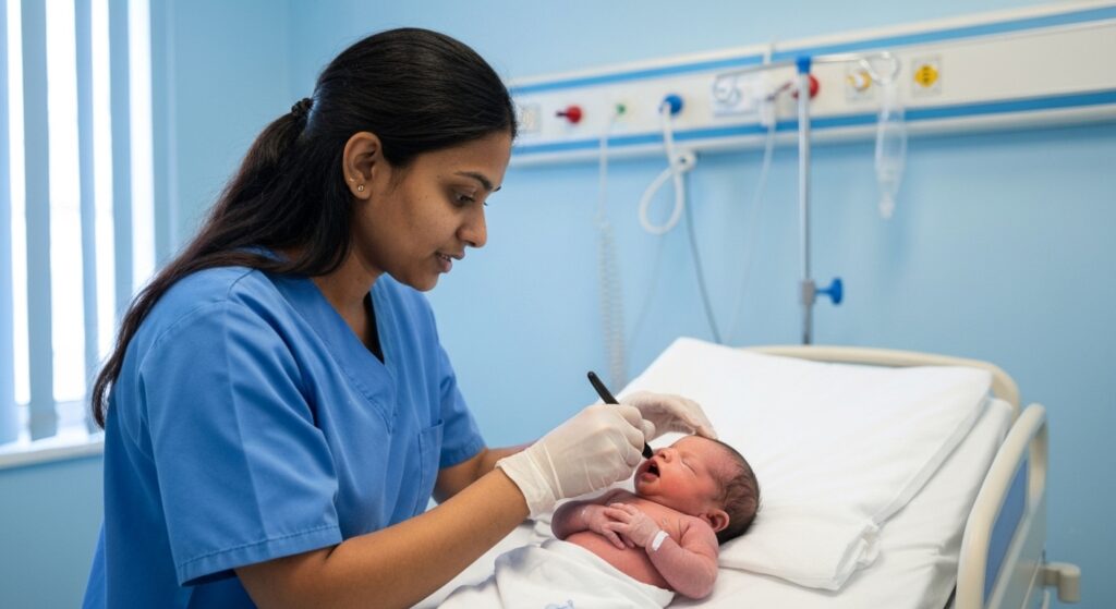 Profissional de saúde avaliando frênulo lingual de bebê para amamentação.