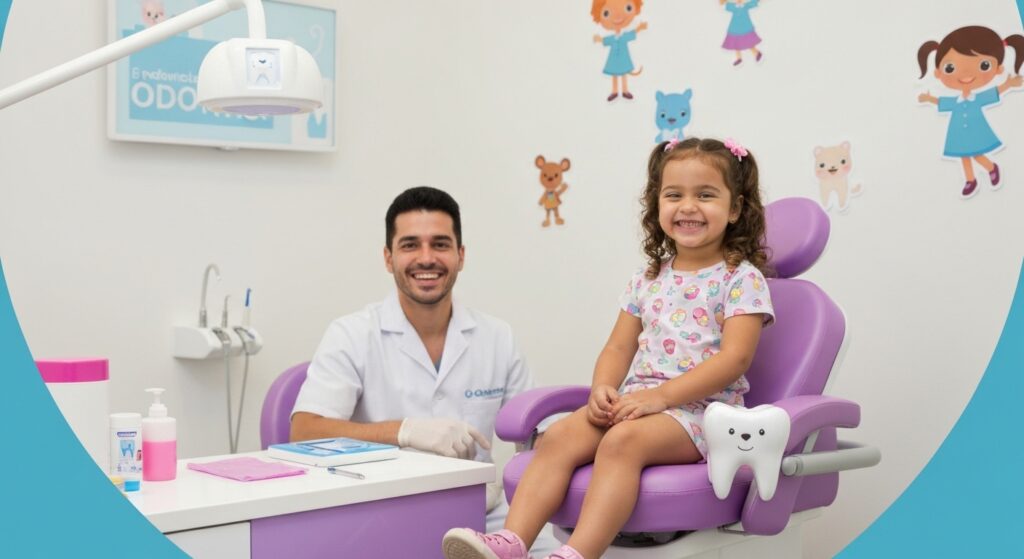 Criança sorrindo com dentes saudáveis em consulta odontológica