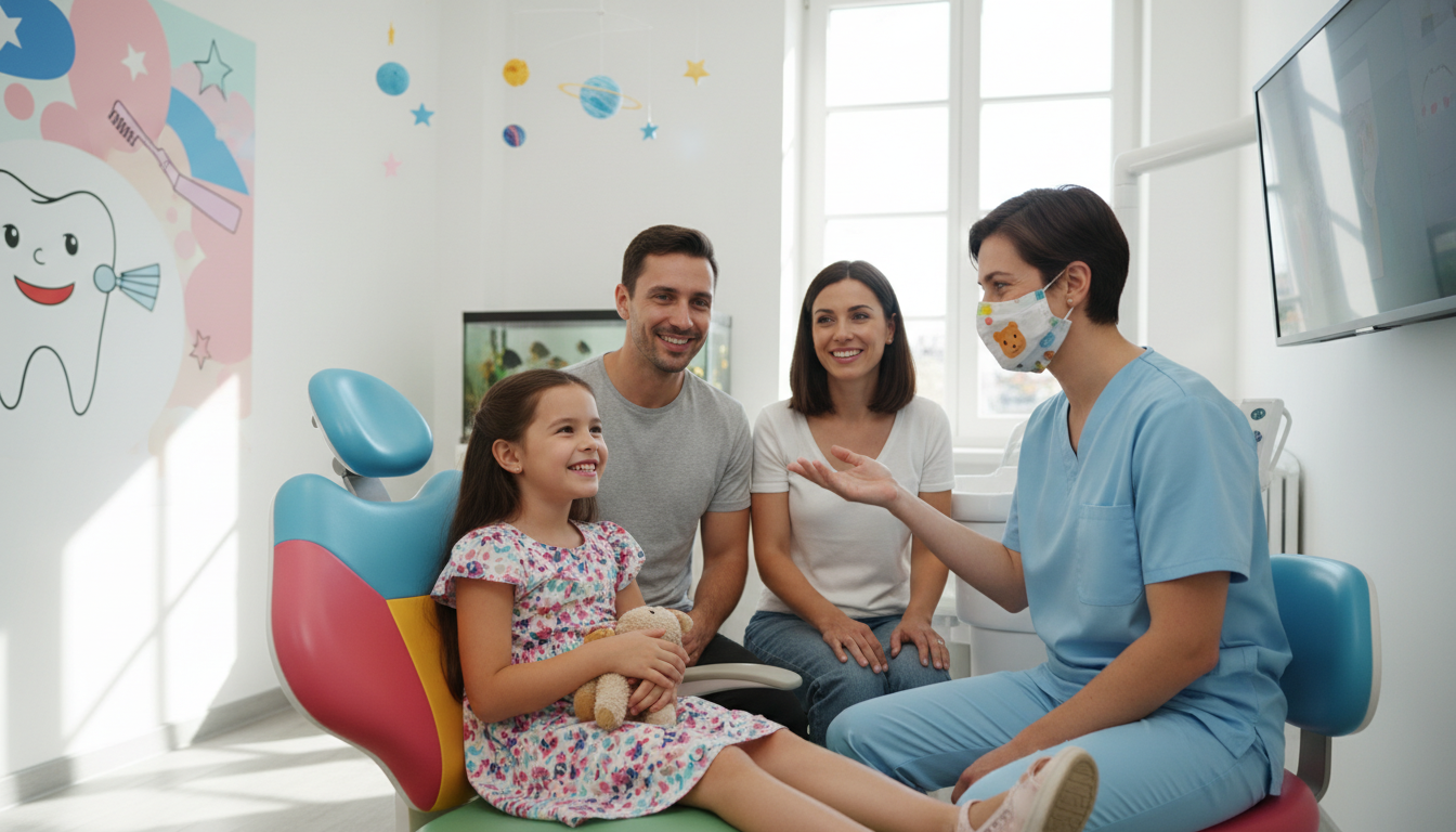 Criança sorrindo após restauração estética infantil em consultório odontológico.
