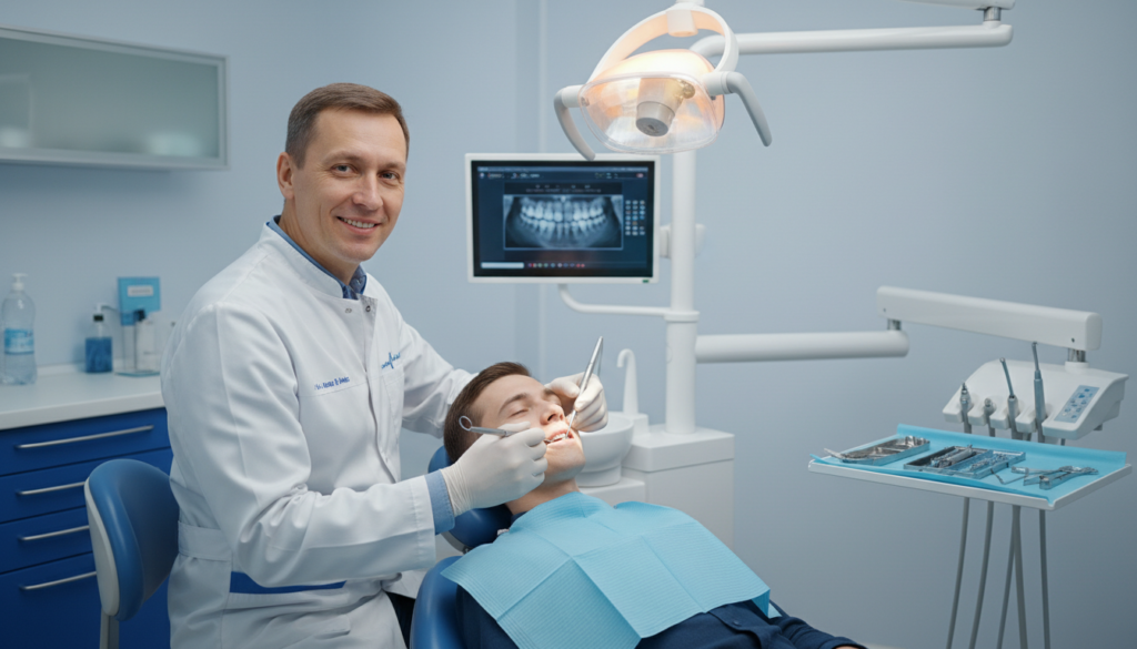 Dentista realizando extração de dente siso com segurança