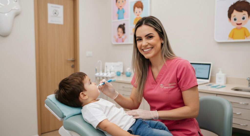 Odontopediatra examinando dentes de criança em consultório