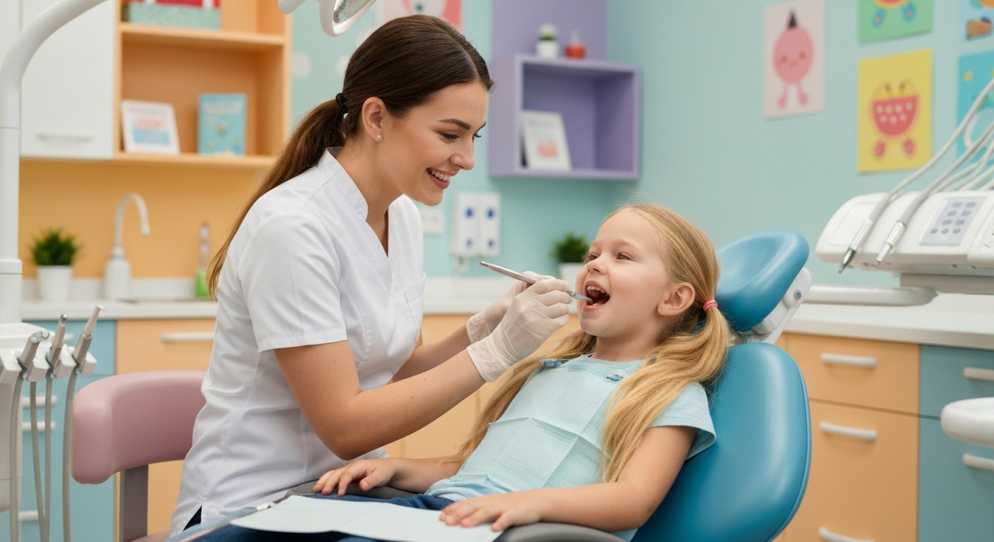 Odontopediatra examinando criança em clínica