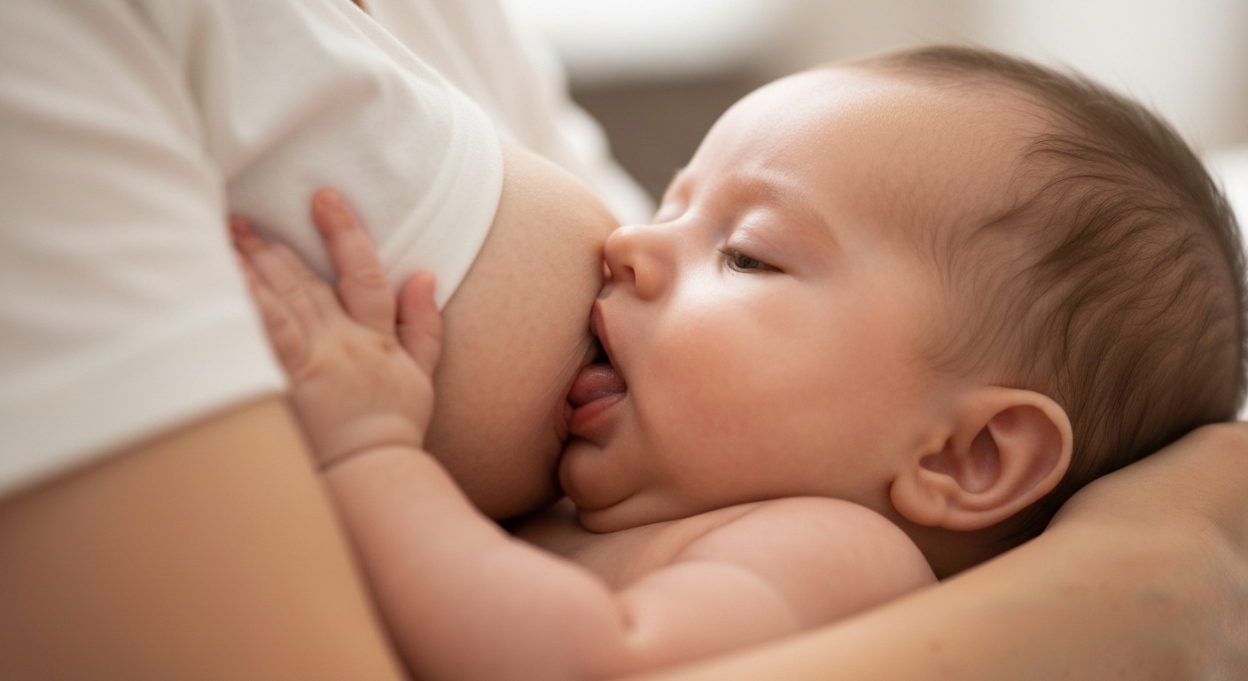 Bebê amamentando calmamente, com foco na boca e língua, ilustrando o alívio e bem-estar após a identificação e tratamento dos sintomas de freio lingual curto em bebê.