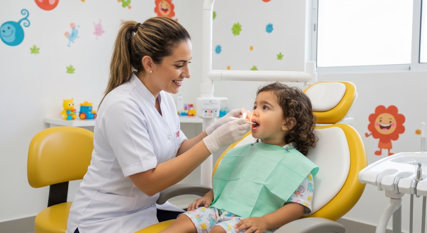 Odontopediatra examinando criança para tratamento de canal