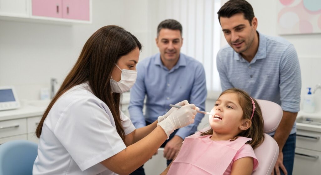 Odontopediatra realizando tratamento de canal em criança com cuidado e tecnologia.