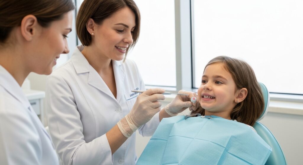 Odontopediatra realizando exame dental em criança com sorriso acolhedor