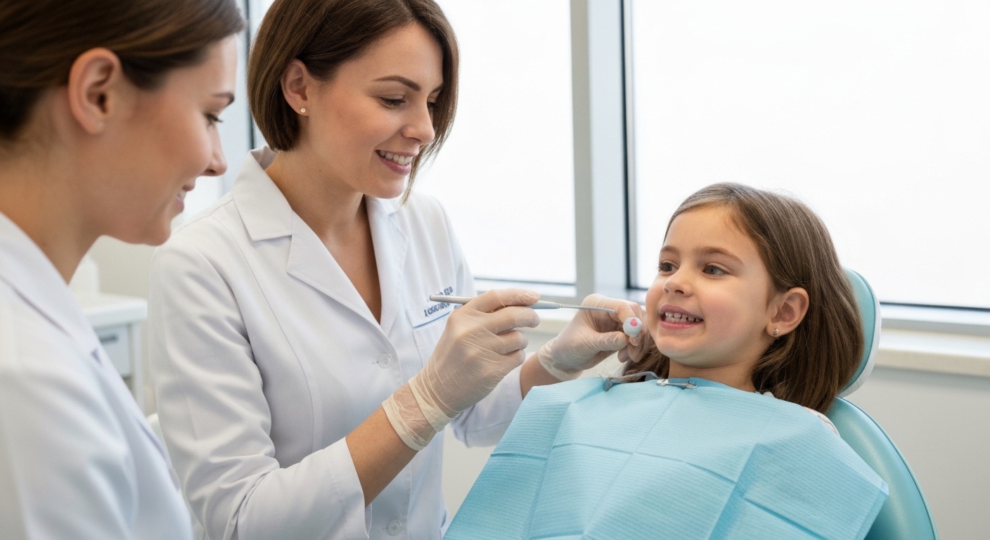 Odontopediatra realizando exame dental em criança com sorriso acolhedor