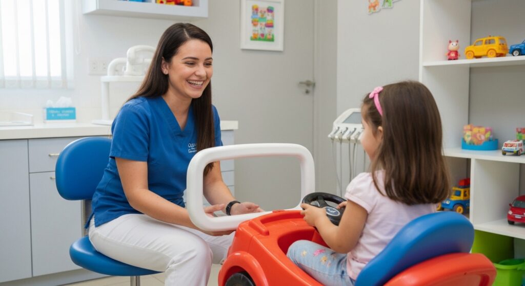 Odontopediatra explicando tratamento de canal para criança em clínica infantil.