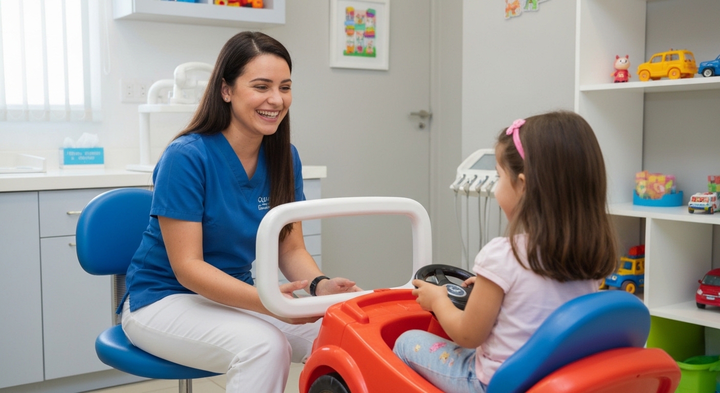 Odontopediatra explicando tratamento de canal para criança em clínica infantil.