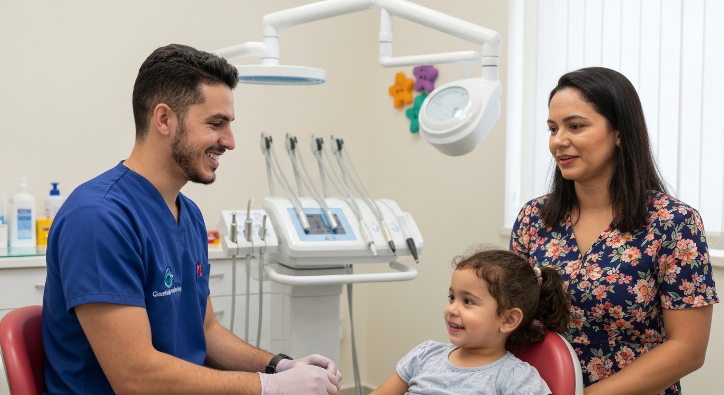 Odontopediatra da OdontoKids Sergipe tranquilizando criança e pais sobre tratamento de canal