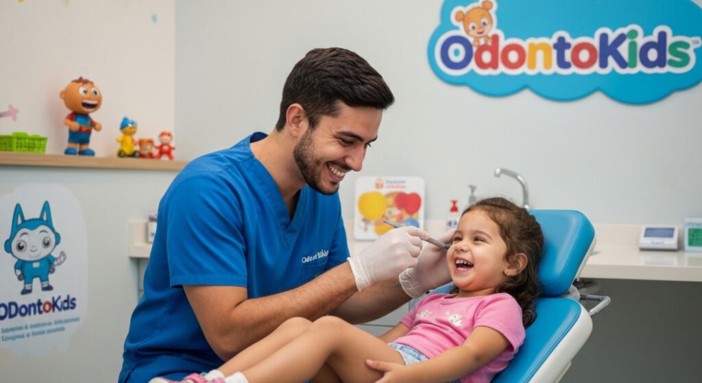 Dentista examinando criança para tratamento de canal infantil na OdontoKids Sergipe