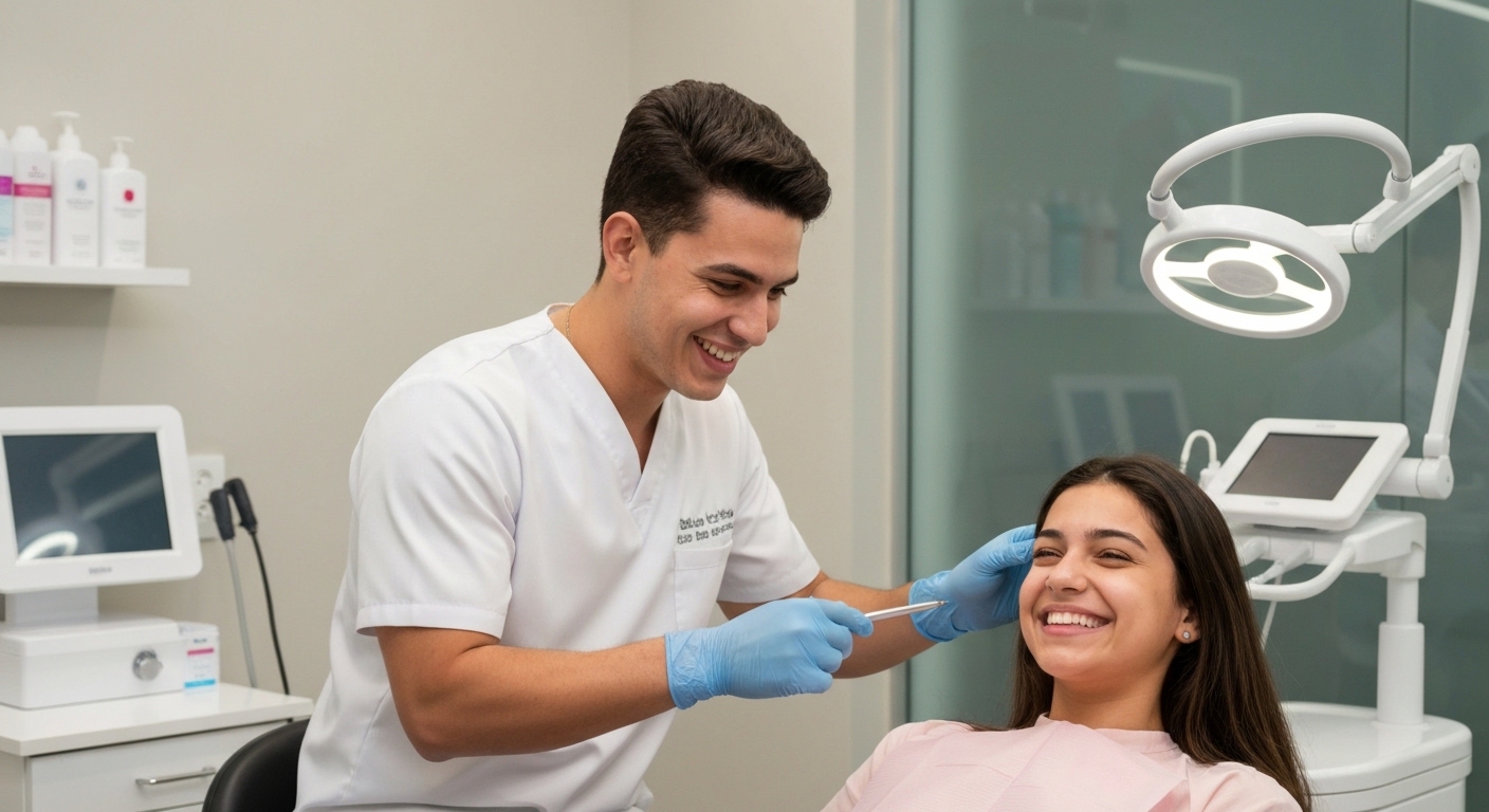 Ortodontista infantil examinando o sorriso de uma criança com um sorriso amigável e equipamentos modernos no consultório.