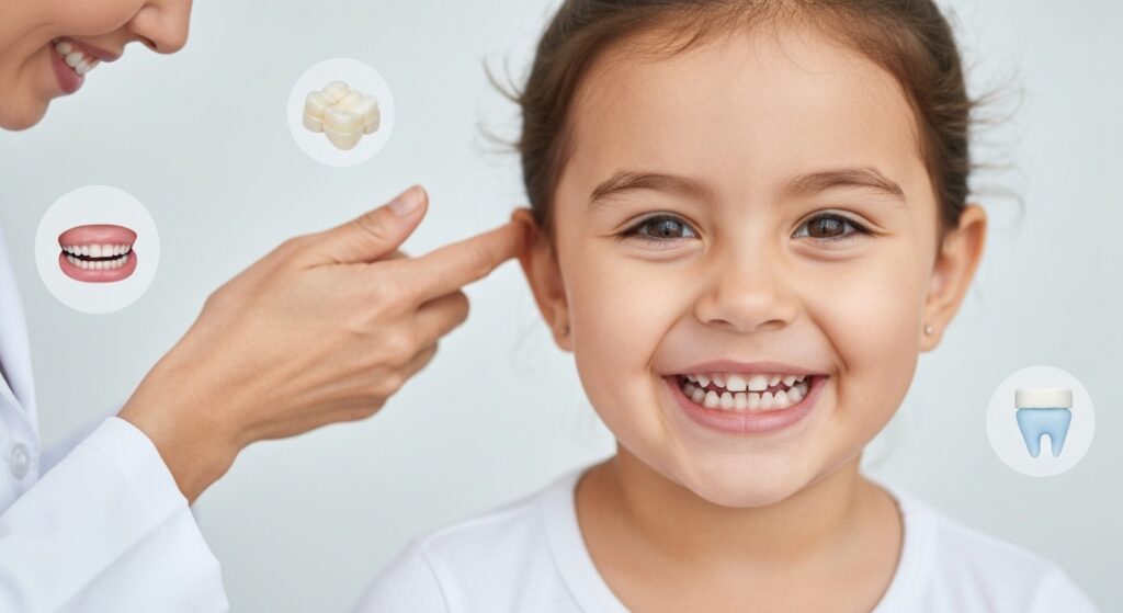 Criança feliz e radiante exibindo um sorriso saudável e dentes limpos, representando o sucesso do cuidado e prevenção em tudo sobre a saúde bucal infantil.