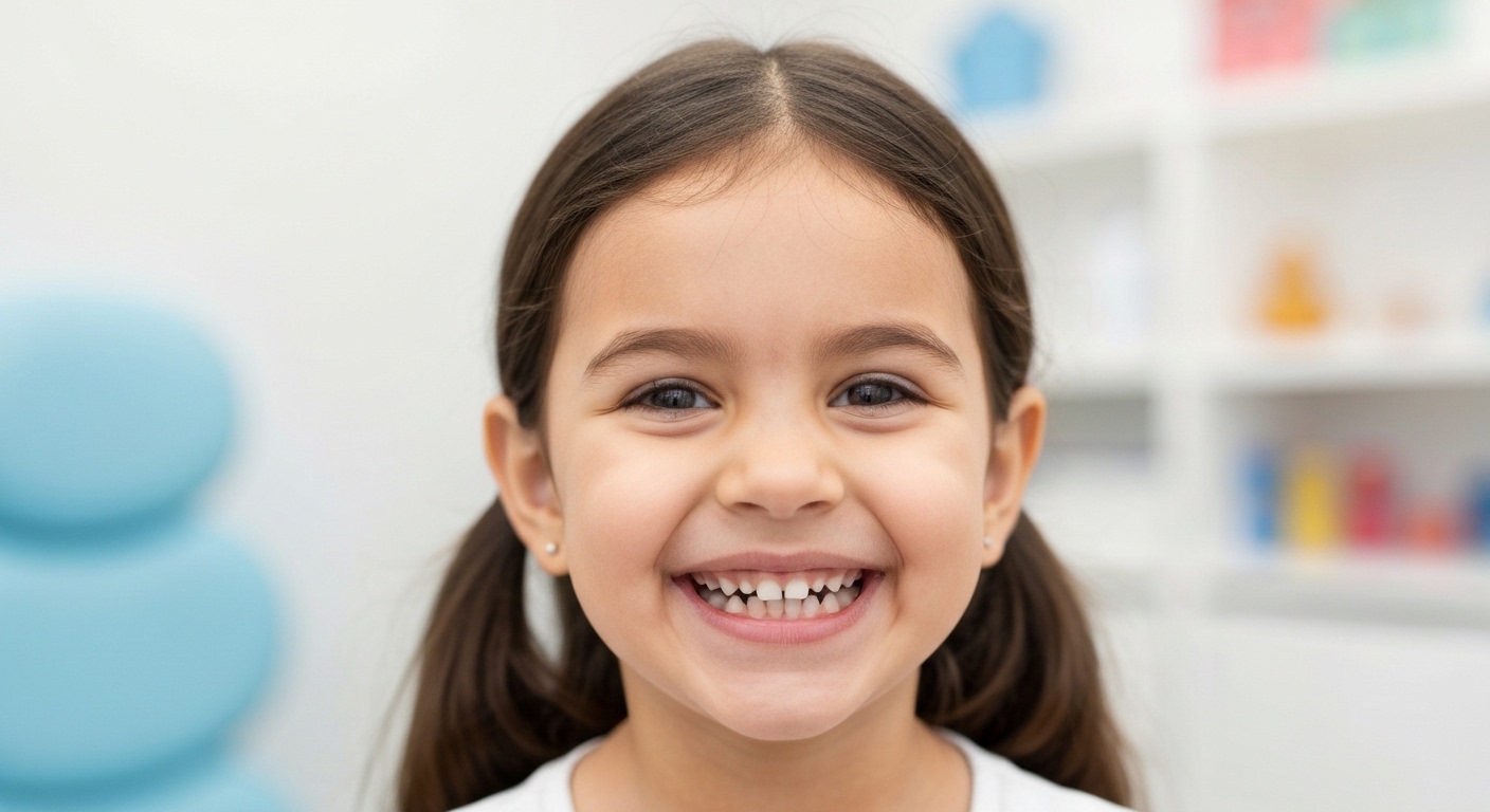 Criança feliz com um sorriso saudável e dentes brancos, simbolizando a importância de tudo sobre a saúde bucal infantil.